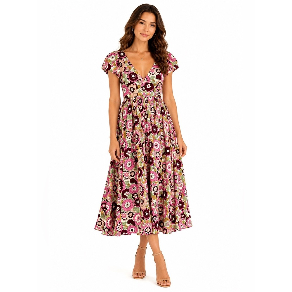 Dodo Bar Or Retro Floral Empire Waist Midi Dress Cottagecore Size S Garden Party
